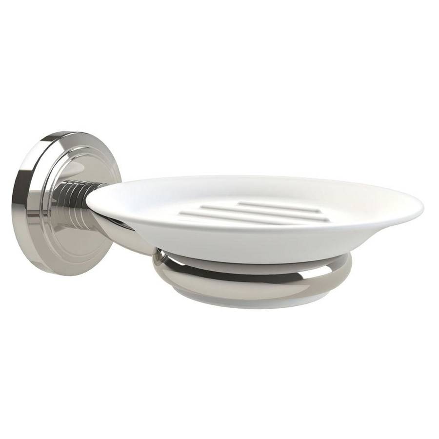 Miller Oslo White Ceramic Soap Dish with Polished Nickel Holder