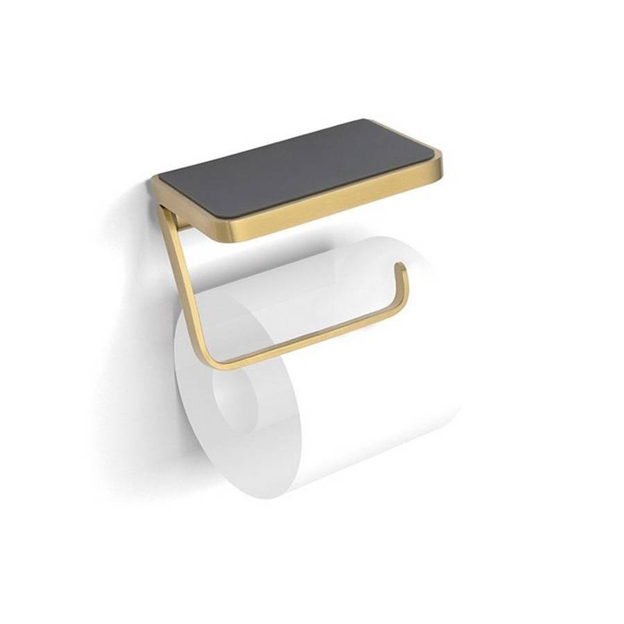 HiB Atto Brushed Brass Toilet Roll Holder with Shelf