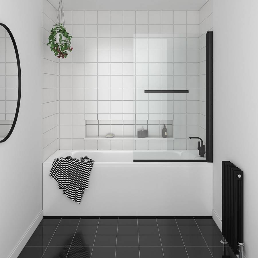 Essential Designer 1400 x 850mm Black Bath Screen with Handle
