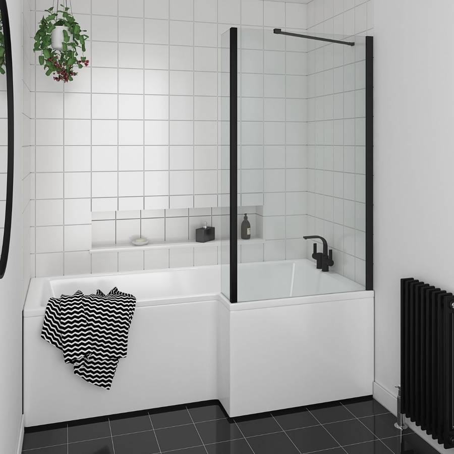 Essential Designer 1400 x 850mm Black L Shaped Bath Screen