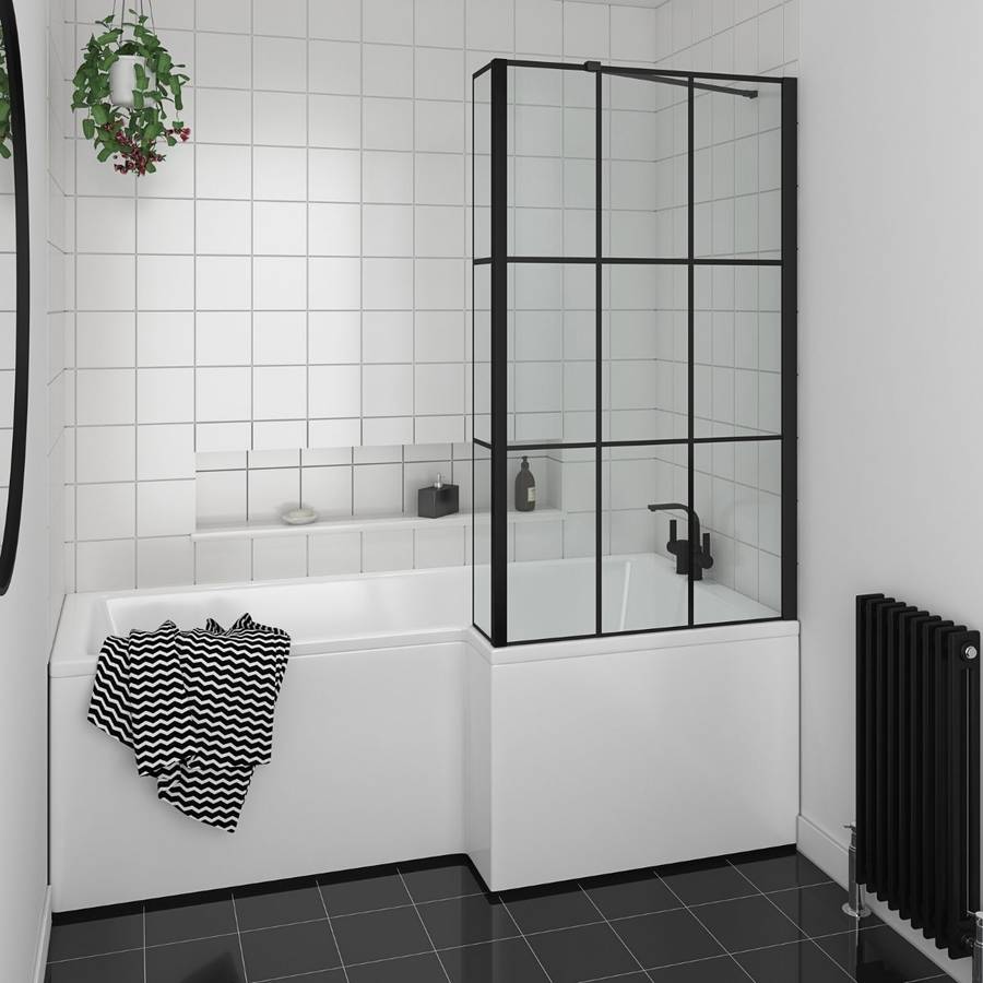 Essential Designer 1400 x 850mm Black Matrix L Shaped Bath Screen