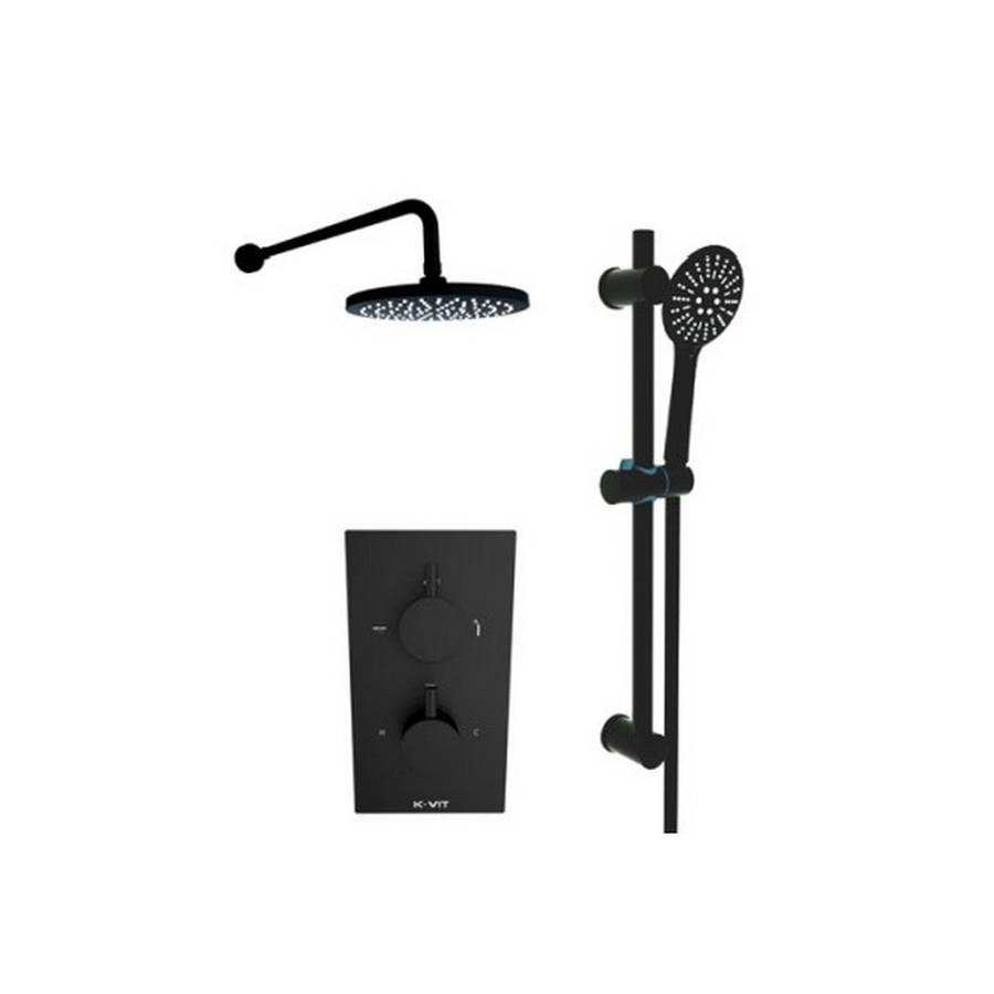 Kartell Nero Round Black Thermostatic Shower with Slide Rail Kit and Drencher