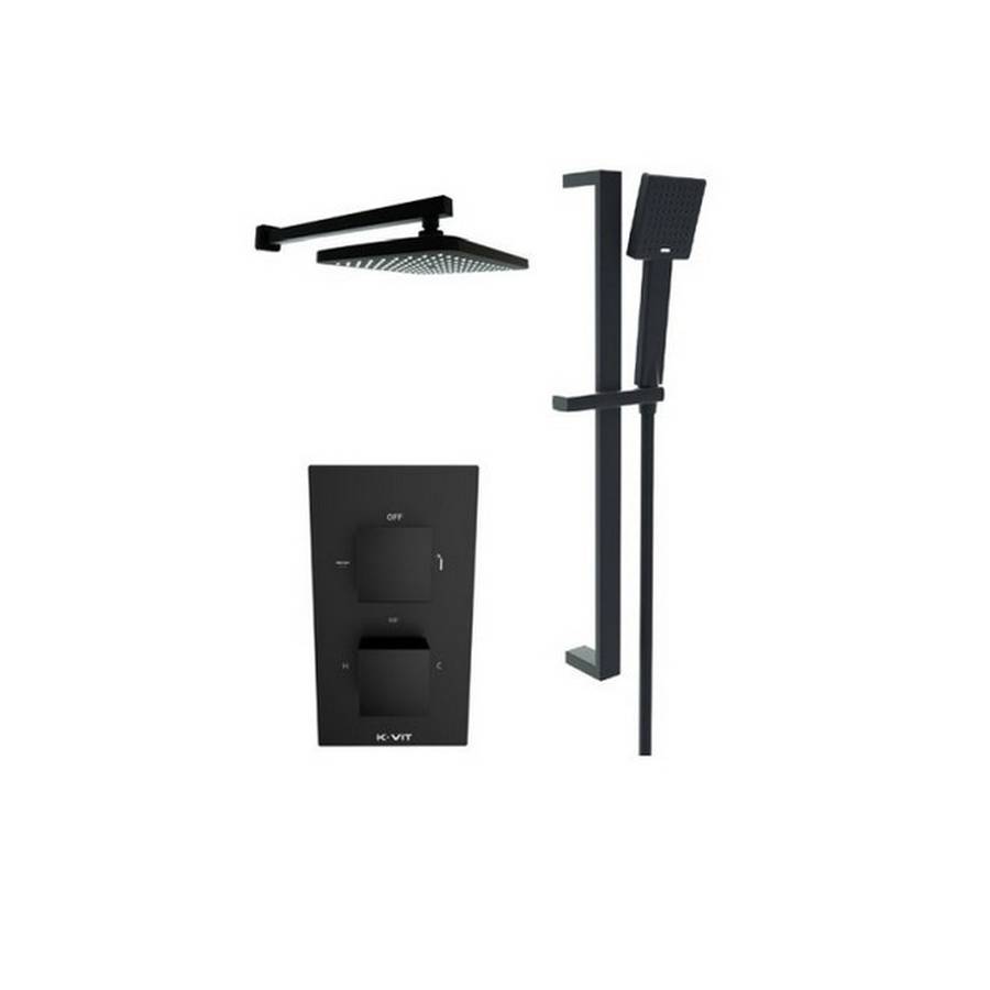 Kartell Nero Square Black Thermostatic Shower with Slide Rail Kit and Drencher