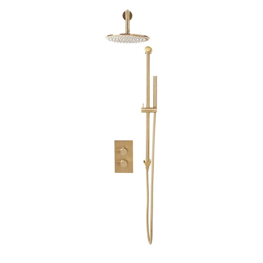 Scudo Core Brushed Brass Concealed Shower Set with Fixed Head and Handset Riser Kit