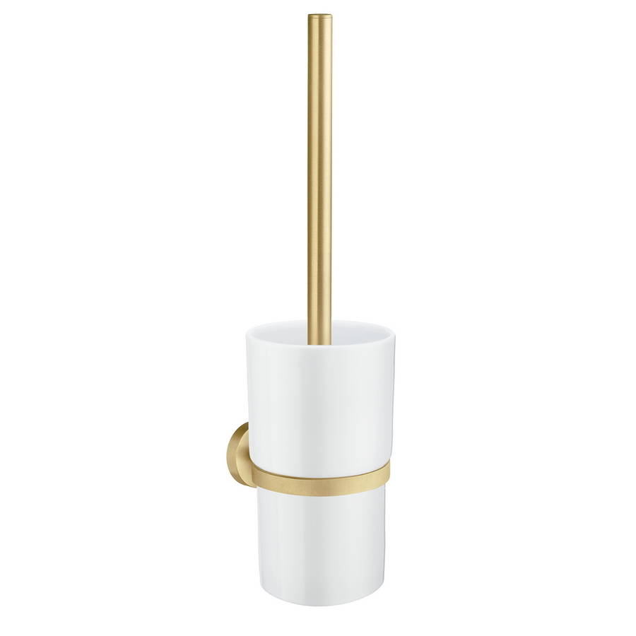 Smedbo Home Brushed Brass Toilet Brush and Porcelain Container