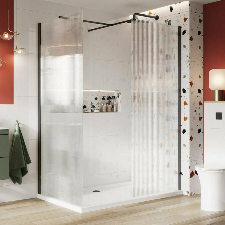 Scudo S8 Black 700mm Fluted Glass Wetroom Panel