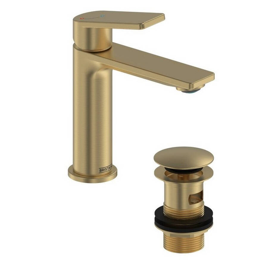 Bristan Frammento Brushed Brass Eco Start Basin Mixer with Clicker Waste