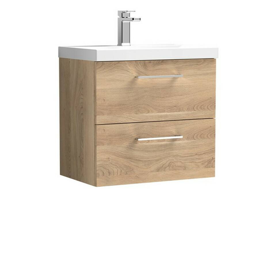 Nuie Arno Bleached Oak 600mm Wall Hung 2 Drawer Vanity Unit