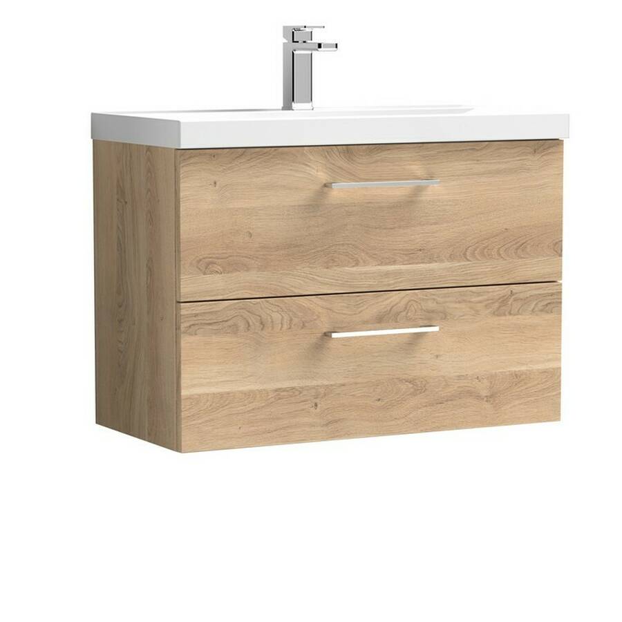 Nuie Arno Bleached Oak 800mm Wall Hung 2 Drawer Vanity Unit
