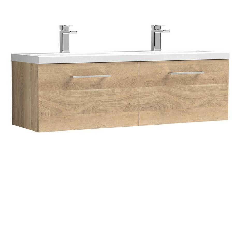 Nuie Arno Bleached Oak 1200mm Wall Hung 2 Drawer Vanity Unit