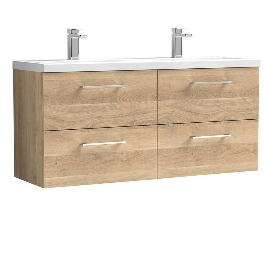 Nuie Arno Bleached Oak 1200mm Wall Hung 4 Drawer Vanity Unit