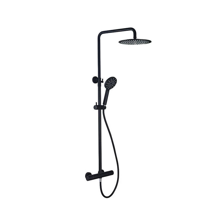 Kartell Nero Round Thermostatic Exposed Bar Shower with Ultra Slim Overhead Drencher and Sliding Handset