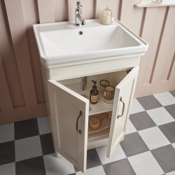 Tavistock Marston 600mm Paper White Floor Mounted Vanity Unit Tavistock Marston 600mm Paper White Floor Mounted Vanity Unit Doors Open Lifestyle