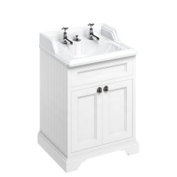Burlington Freestanding 650mm Matt White Vanity Unit with Doors and Basin Two Tap Hole with Invisible Overflow