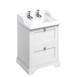 Burlington Freestanding 650mm Matt White Vanity Unit with Drawers and Basin Two Tap Hole Basin