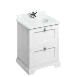 Burlington Freestanding 650mm Matt White Vanity Unit with Drawers and Basin Minerva Carrara Countertop and Basin Bowl