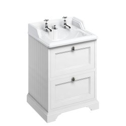 Burlington Freestanding 650mm Matt White Vanity Unit with Drawers and Basin Two Tap Hole Basin with Invisible Overflow