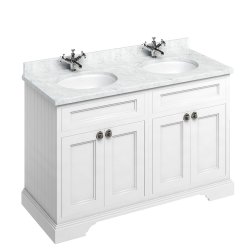 Burlington Freestanding 1300mm Matt White Double Vanity Unit with Doors and Basins Minerva Carrara Countertop and Basin Bowls