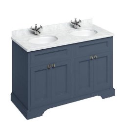 Burlington Freestanding 1300mm Blue Double Vanity Unit with Doors and Basins Minerva Carrara Countertop and Basin Bowls