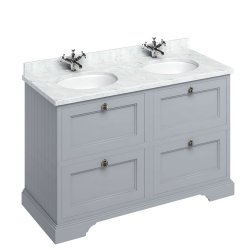Burlington Freestanding 1300mm Classic Grey Double Vanity Unit with Drawers and Basins Minerva Carrara Countertop and Basin Bowls