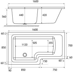 Beaufort Portland 1600 x 850mm LH L Shaped 5mm Bath