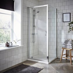 Nuie Ella 760mm Chrome Framed Pivot Shower Door Lifestyle