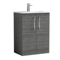 Nuie Arno Anthracite Wood 600mm Floor Standing 2 Door Vanity Unit with Mid Edge Basin