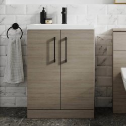 Nuie Arno Oak 600mm Floor Standing 2 Door Vanity Unit Mid Edge Basin