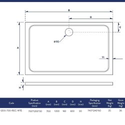 Scudo Shires 1200 x 700mm White Rectangular Shower Tray