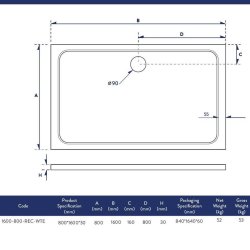 Scudo Shires 1600 x 800mm White Rectangular Shower Tray