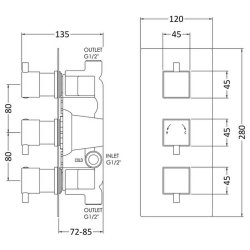 Nuie Square Chrome Thermostatic Triple Shower Valve