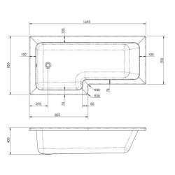 Nuie Square 1700 x 850mm LH L Shaped Shower Bath