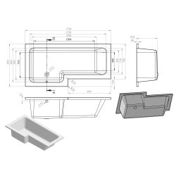 Ajax Armthorpe 1700 x 850mm Supercast LH L Shape Shower Bath with Brushed Brass Screen