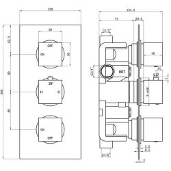 Ajax Hedon Chrome Square Thermostatic Two Outlet Triple Shower Valve