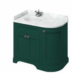 Burlington Freestanding 980mm Matt Green LH Curved Vanity Unit with Doors and Basin Minerva Carrara Countertop and Basin Bowl