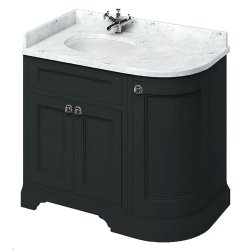Burlington Freestanding 980mm Matt Black LH Curved Vanity Unit with Doors and Basin Minerva Carrara Countertop and Basin Bowl