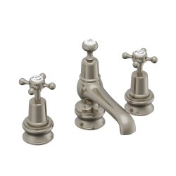 Burlington Claremont Brushed Nickel 3 Tap Hole Basin Mixer with Pop Up Waste Regent Base