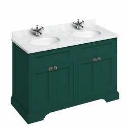 Burlington Freestanding 1300mm Matt Green Double Vanity Unit with Doors and Basins Minerva Carrara Countertop and Basin Bowls