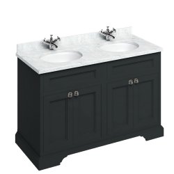 Burlington Freestanding 1300mm Matt Black Double Vanity Unit with Doors and Basins Minerva Carrara Countertop and Basin Bowls