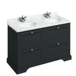 Burlington Freestanding 1300mm Matt Black Double Vanity Unit with Drawers and Basins Minerva Carrara Countertop and Basin Bowls