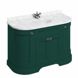Burlington Freestanding 1340mm Matt Green Curved Vanity Unit with Doors and Basin Minerva Carrara Countertop and Basin Bowls