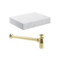 Ajax Kelsey 600mm White Marble Wall Hung Basin Shelf and Brushed Brass Bottle Trap