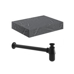 Ajax Kelsey 600mm Grey Marble Wall Hung Basin Shelf and Black Bottle Trap