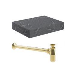 Ajax Kelsey 600mm Grey Marble Wall Hung Basin Shelf and Brushed Brass Bottle Trap