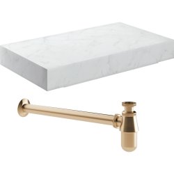 Ajax Kelsey 800mm White Marble Wall Hung Basin Shelf and Brushed Bronze Bottle Trap