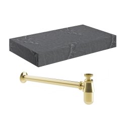 Ajax Kelsey 800mm Grey Marble Wall Hung Basin Shelf and Brushed Brass Bottle Trap