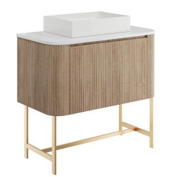 Scudo Linea Curve 900mm Sonoma Oak Wall Hung Vanity Unit with Basin and Legs Countertop With Rectangular Basin