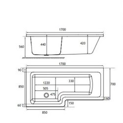 Beaufort Portland 1700 x 850mm LH L Shaped 5mm Bath