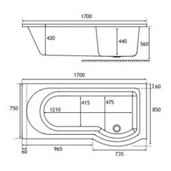 Beaufort? Portland 1700 x 850mm RH P Shaped Reinforced Bath
