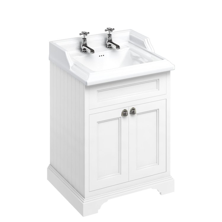 Burlington Freestanding 650mm Matt White Vanity Unit with Doors and Basin Two Tap Hole Basin